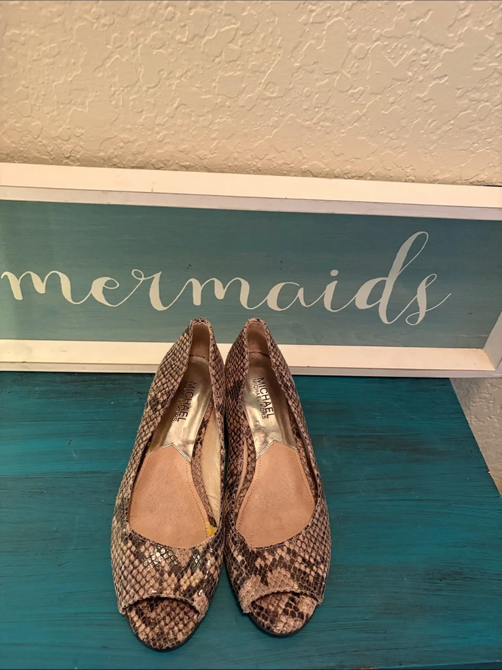 Michael Kors Women's Snake-Print Peep-Toe Heels in Brown and Tan